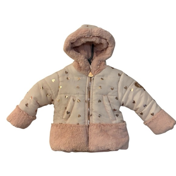 Betsey Johnson Kids Toddler Pink Heart Print Faux Fur Winter Coat Jacket 12M - Picture 1 of 10
